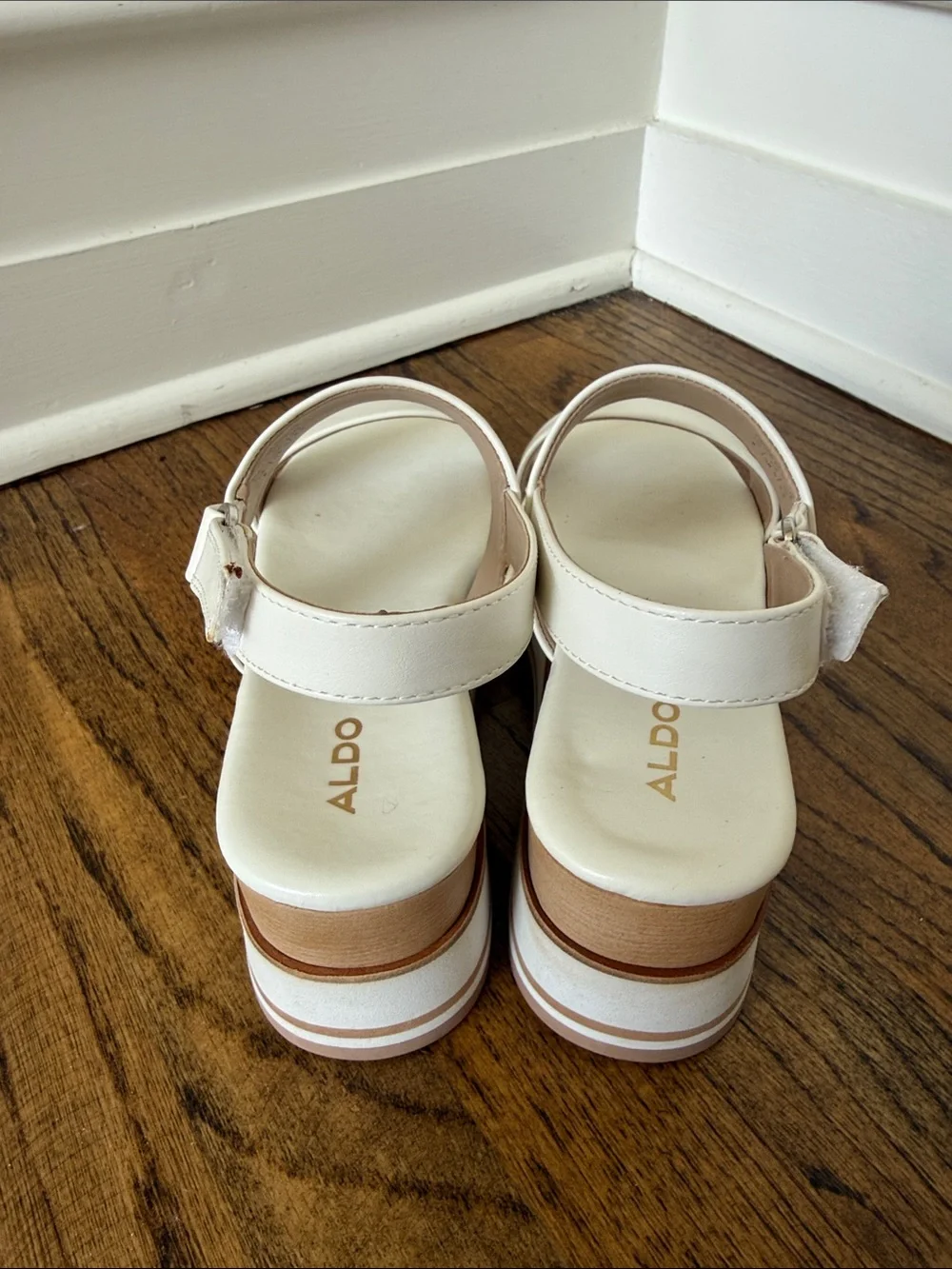Aldo White Platform Slingback Sandals with Tan Trim